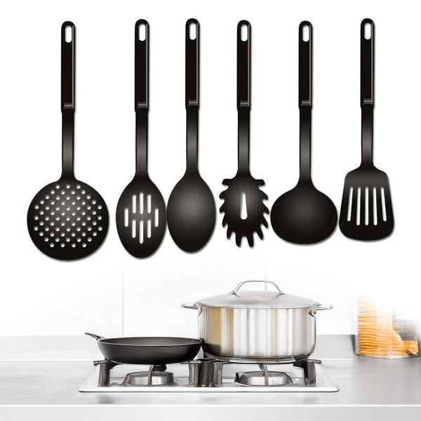 Conjunto Kit Utensílios Cozinha Colher Concha Escumadeira Espátula Pegadores Cor:Preto