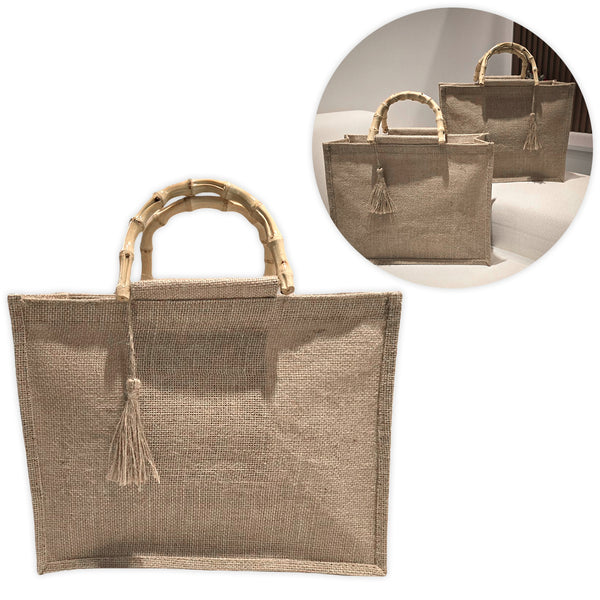 Bolsa De Juta Palha Alça Bambu Feminina Praia Piscina Grande Cor:Bege