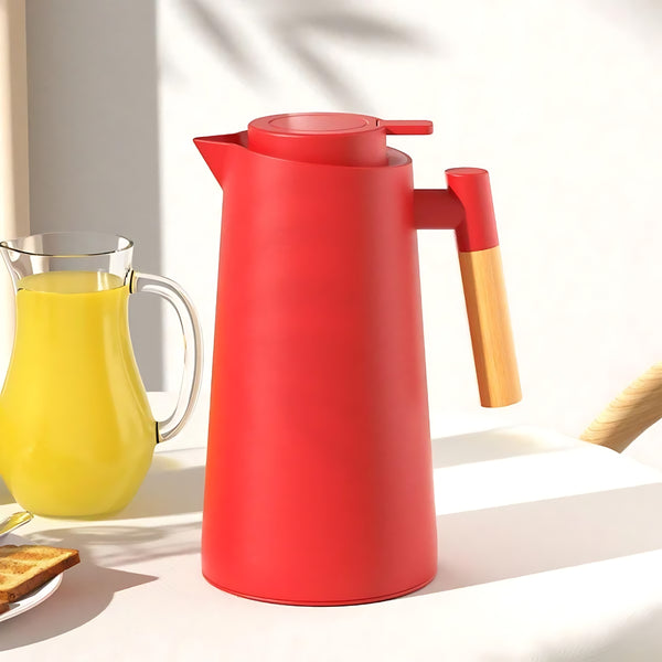 Garrafa Termica Jarra Inox Cafe Cha 1 Litro Cabo Madeira Cor:Vermelho