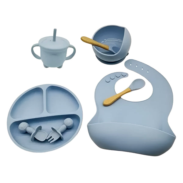 Kit Prato Infantil Silicone Copo Talher Babador Tigela Cor:Azul