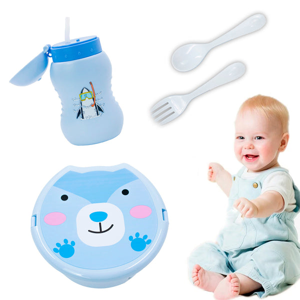 Pote Marmita Infantil Divisória Talher Garrafa Lancheira Criança Cor:Azul